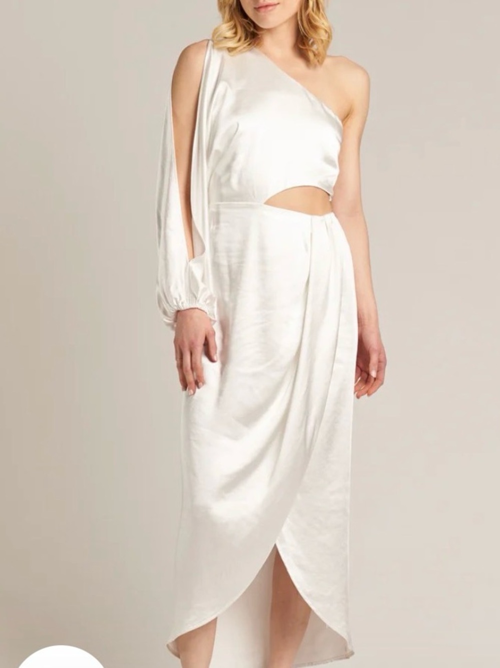 En-Crème One-Shoulder White Satin Cutout Midi Dress